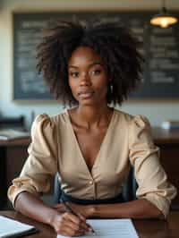 headshot of woman, sitting at a desk, at a (office), BREAK elegant blouse, pencil skirt, makeup