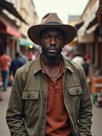 a stylish masculine  man exploring a street market