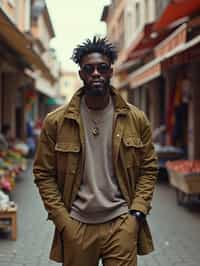 a stylish masculine  man exploring a street market