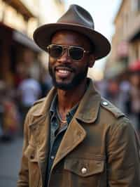 a stylish masculine  man exploring a street market