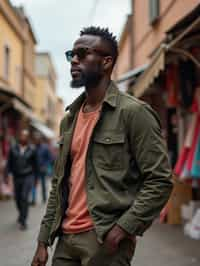 a stylish masculine  man exploring a street market