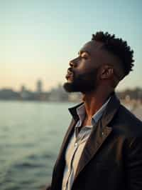 a captivating masculine  man enjoying a peaceful moment by the waterfront