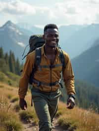 an adventurous masculine  man hiking in the mountains