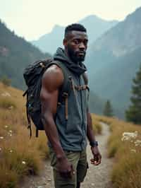 an adventurous masculine  man hiking in the mountains