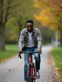 a stylish masculine  man enjoying a leisurely bike ride along a scenic path