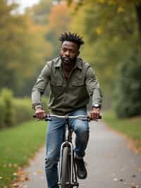 a stylish masculine  man enjoying a leisurely bike ride along a scenic path