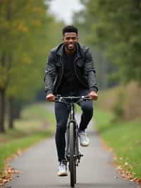 a stylish masculine  man enjoying a leisurely bike ride along a scenic path