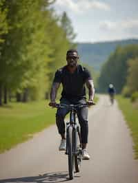 a stylish masculine  man enjoying a leisurely bike ride along a scenic path