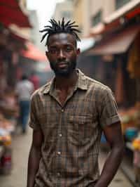 a charismatic masculine  man exploring a street market