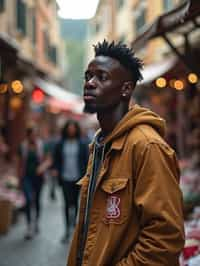 a charismatic masculine  man exploring a street market