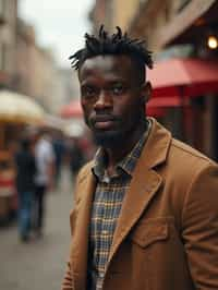 a charismatic masculine  man exploring a street market