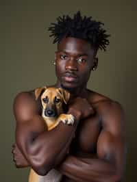 masculine  man posing with a cute pet