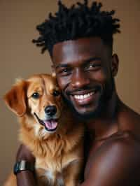 masculine  man posing with a cute pet