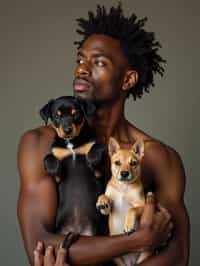 masculine  man posing with a cute pet