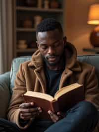 masculine  man reading a book in a cozy home environment