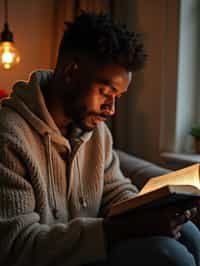 masculine  man reading a book in a cozy home environment