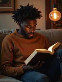 masculine  man reading a book in a cozy home environment