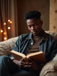 masculine  man reading a book in a cozy home environment