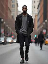 masculine  man taking a casual stroll through a cityscape