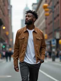 masculine  man taking a casual stroll through a cityscape