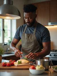 masculine  man cooking or baking in a modern kitchen