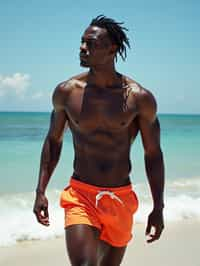 masculine  man in solid color  swim shorts on the beach, wet hair, swimsuit sports illustrated FHM maxim photos