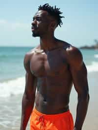 masculine  man in solid color  swim shorts on the beach, wet hair, swimsuit sports illustrated FHM maxim photos