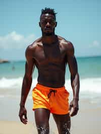 masculine  man in solid color  swim shorts on the beach, wet hair, swimsuit sports illustrated FHM maxim photos