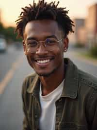 headshot of smiling man wearing casual clothes posing for dating app headshot. outdoor blurry background. the lighting is warm, possibly from a setting sun, creating a soft glow around him, enhancing the casual and relaxed vibe of the image. the setting seems to be outdoors, likely in an urban environment, with the blurred background hinting at a street or park-like area. this image likely portrays a youthful, active, and approachable individual, possibly in a lifestyle or fashion-related context.