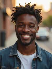 headshot of smiling man wearing casual clothes posing for dating app headshot. outdoor blurry background. the lighting is warm, possibly from a setting sun, creating a soft glow around him, enhancing the casual and relaxed vibe of the image. the setting seems to be outdoors, likely in an urban environment, with the blurred background hinting at a street or park-like area. this image likely portrays a youthful, active, and approachable individual, possibly in a lifestyle or fashion-related context.