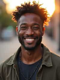 headshot of smiling man wearing casual clothes posing for dating app headshot. outdoor blurry background. the lighting is warm, possibly from a setting sun, creating a soft glow around him, enhancing the casual and relaxed vibe of the image. the setting seems to be outdoors, likely in an urban environment, with the blurred background hinting at a street or park-like area. this image likely portrays a youthful, active, and approachable individual, possibly in a lifestyle or fashion-related context.