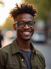 headshot of smiling man wearing casual clothes posing for dating app headshot. outdoor blurry background. the lighting is warm, possibly from a setting sun, creating a soft glow around him, enhancing the casual and relaxed vibe of the image. the setting seems to be outdoors, likely in an urban environment, with the blurred background hinting at a street or park-like area. this image likely portrays a youthful, active, and approachable individual, possibly in a lifestyle or fashion-related context.