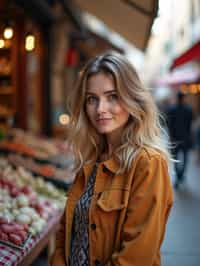 a stylish  feminine woman exploring a street market