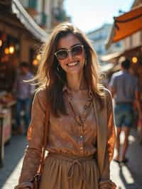 a stylish  feminine woman exploring a street market