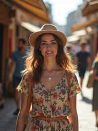 a stylish  feminine woman exploring a street market