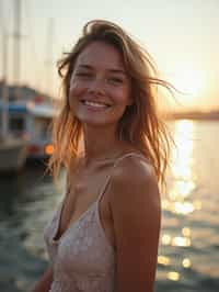 a captivating  feminine woman enjoying a peaceful moment by the waterfront