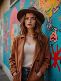 a fashionable  feminine woman posing in front of street art