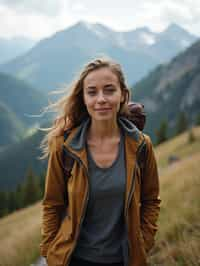 an adventurous  feminine woman hiking in the mountains