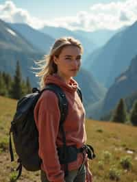 an adventurous  feminine woman hiking in the mountains