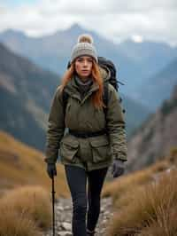 an adventurous  feminine woman hiking in the mountains