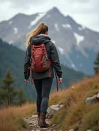 an adventurous  feminine woman hiking in the mountains