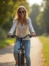 a stylish  feminine woman enjoying a leisurely bike ride along a scenic path