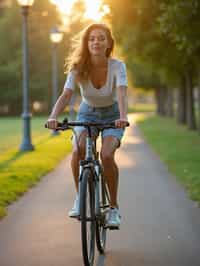 a stylish  feminine woman enjoying a leisurely bike ride along a scenic path