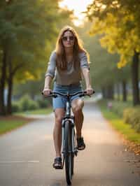 a stylish  feminine woman enjoying a leisurely bike ride along a scenic path