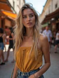 a charismatic  feminine woman exploring a street market