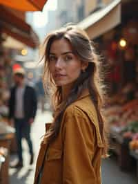 a charismatic  feminine woman exploring a street market