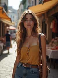 a charismatic  feminine woman exploring a street market