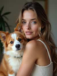 feminine woman posing with a cute pet