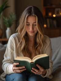 feminine woman reading a book in a cozy home environment