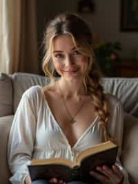 feminine woman reading a book in a cozy home environment